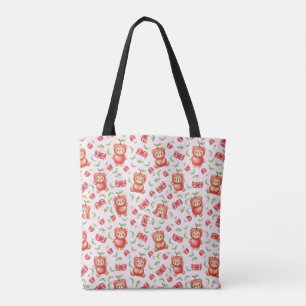 Bolsa Tote Ursa Cereja Fofa e Frutas em Padrão Contínuo