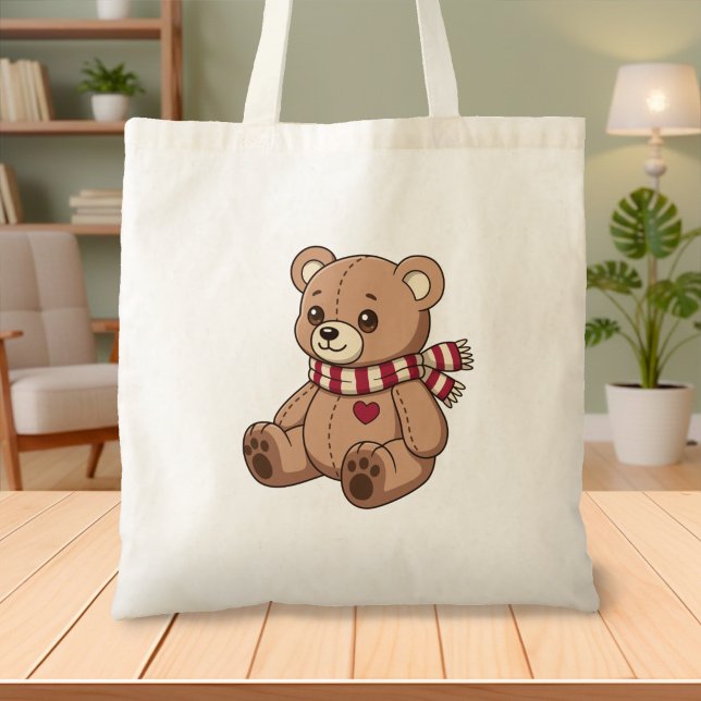 Bolsa Tote Ursa de pelúcia bege fofa com cachecol listrado (Criador carregado)