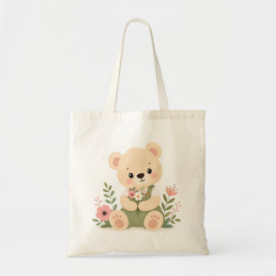 Bolsa Tote Ursa de Pelúcia Fofa Segurando um Buquê de Flores