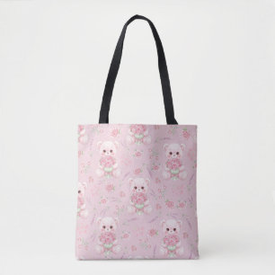 Bolsa Tote Ursa Rosa Fofa e Padrão Sem Costura de Buquê Flora