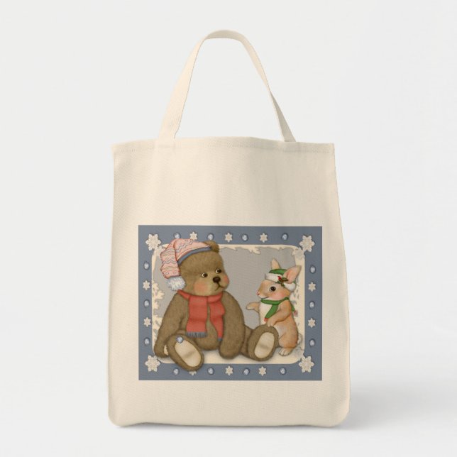 Bolsa Tote Ursinho de Natal da neve e coelho (Frente)