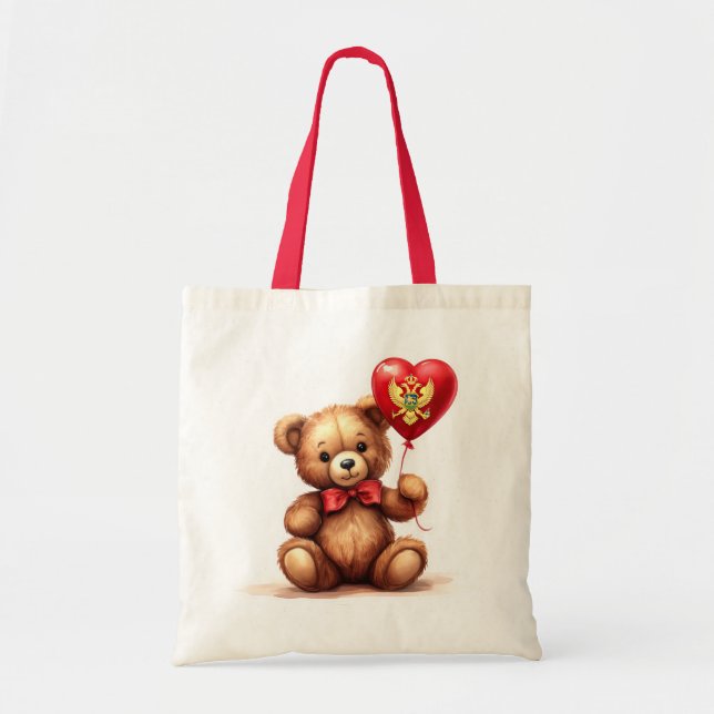 Bolsa Tote ursinho e balão com a bandeira montenegrina. (Frente)