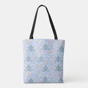 Bolsa Tote Urso Azul Fofo e Padrão Sem Costura de Peixes