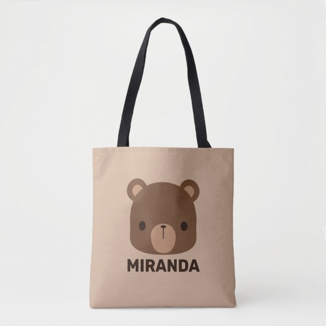 Bolsa Tote Urso Castanho Bonito com Nome Personalizado (Frente)