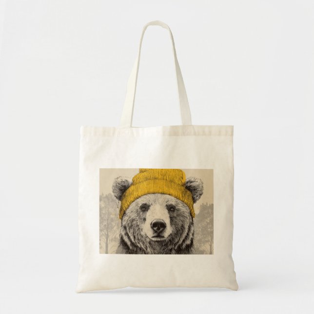 Bolsa Tote Urso com Touca Amarela Animal da Floresta Rústica (Frente)