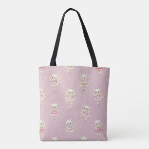 Bolsa Tote Urso de Bailarina em Padrão Rosa Sem Costura