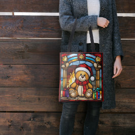 Bolsa Tote Urso de Brinquedo de Natal Vidro Policromado Falso
