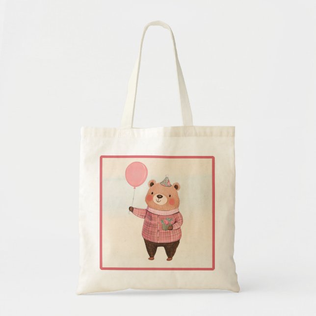 Bolsa Tote Urso de Chapéu Floral com Suéter de Xadrez Rosa (Frente)
