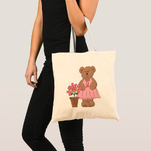Bolsa Tote Urso de Consciência do Cancer em Vestido Rosa
