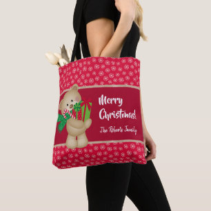 Bolsa Tote Urso de Natal com Presente e Flocos de Neve, Verme