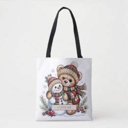 Bolsa Tote Urso de Pelúcia Abraço ao Boneco de Neve Xadrez Na