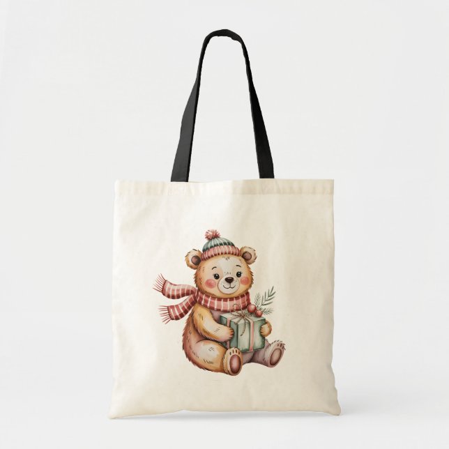 Bolsa Tote Urso de pelúcia de Natal fofo segurando presente e (Frente)