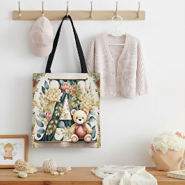 Bolsa Tote Urso de pelúcia floral letra A Bebê