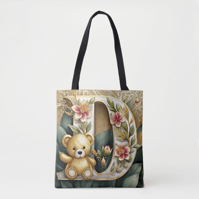 Bolsa Tote Urso de pelúcia floral letra D (Frente)
