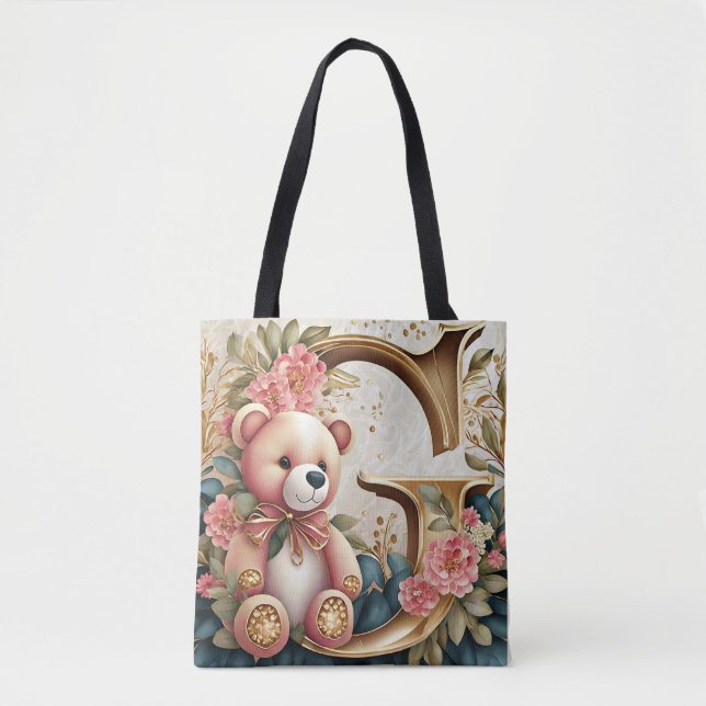 Bolsa Tote Urso de pelúcia floral letra G (Frente)