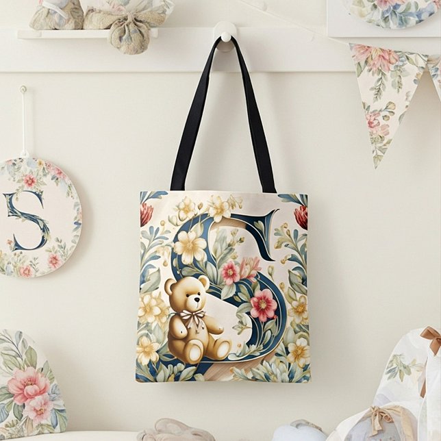 Bolsa Tote Urso de pelúcia floral letra S (Criador carregado)