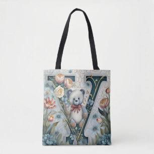 Bolsa Tote Urso de pelúcia floral letra V