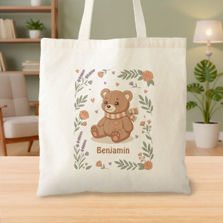 Bolsa Tote Urso de Pelúcia Fofo Nome Personalizado Crianças