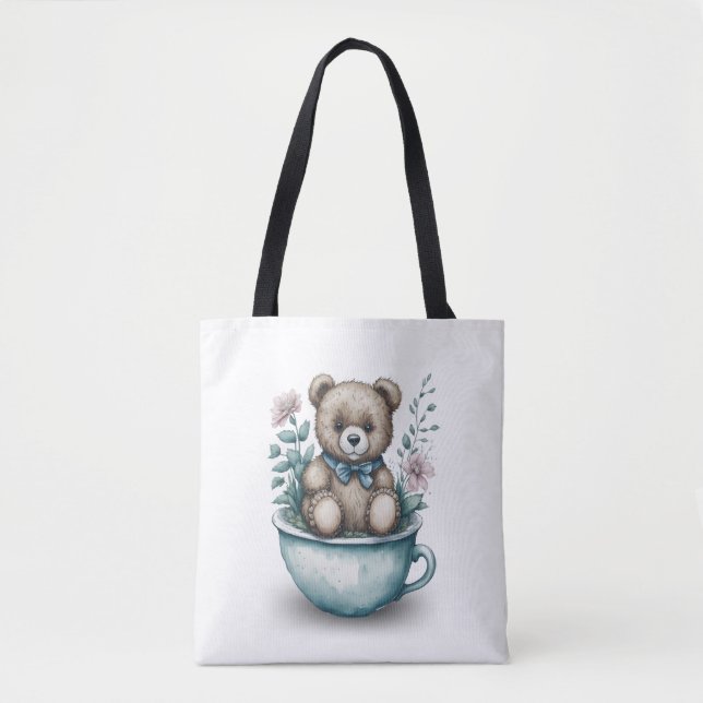 Bolsa Tote Urso de Teddy Adorável no Teacup com Flores (Frente)