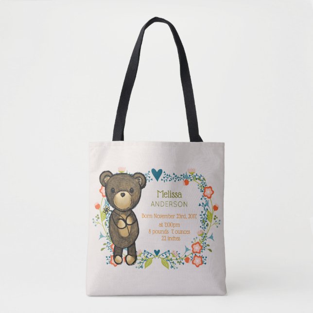Bolsa Tote Urso de Teddy com Designs Florais Nascimento (Frente)