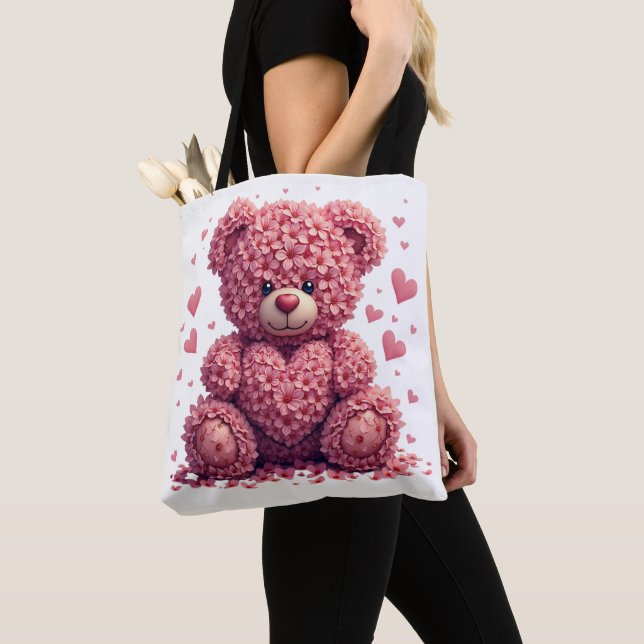 Bolsa Tote Urso de Teddy, Namorados Floral Rosa (Close Up)