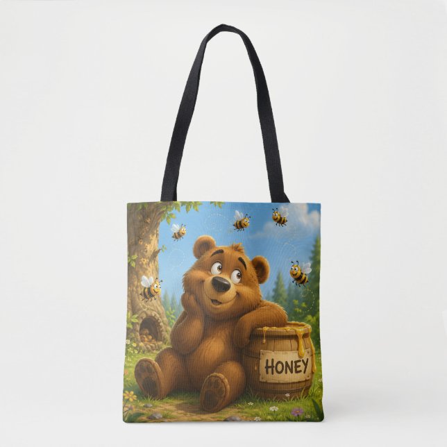Bolsa Tote Urso Fofo com Barril de Mel & Abelhas Felizes (Frente)