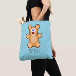 Bolsa Tote Urso marrom, monograma, de pelúcia azul