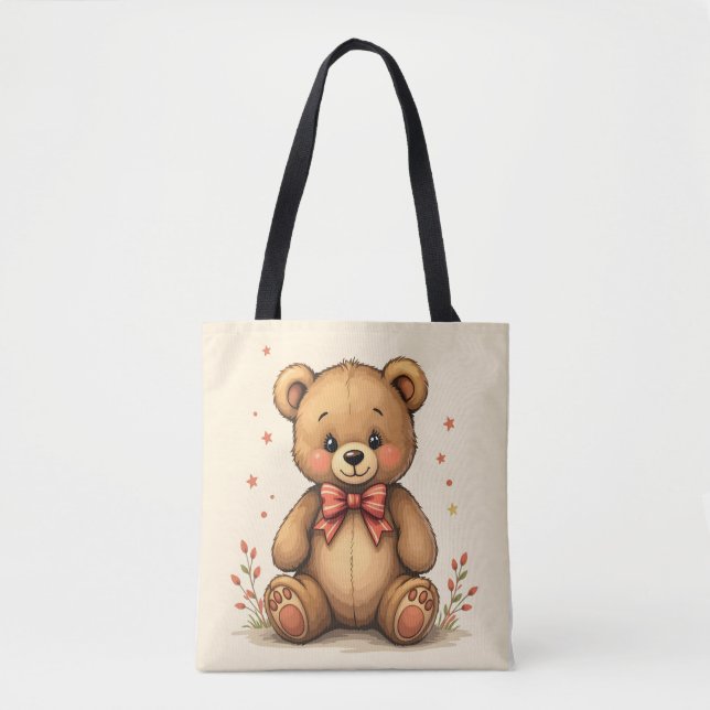 Bolsa Tote Urso marrom pequeno fofo e adorável com gravata (Frente)