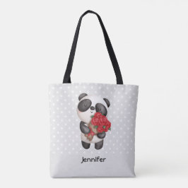 Bolsa Tote Urso Panda Bonito com Rose Bouquet