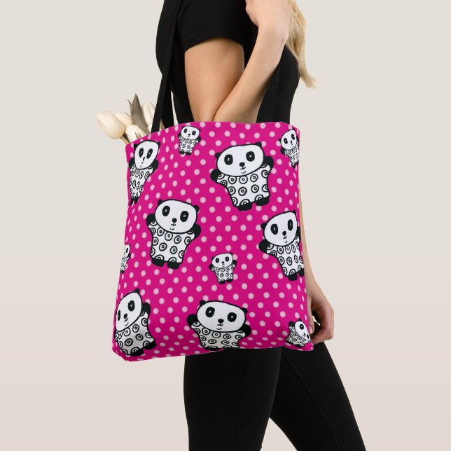 Bolsa Tote Urso Panda Kawaii Fofo Moderno Rosa Bolinhas (Close Up)
