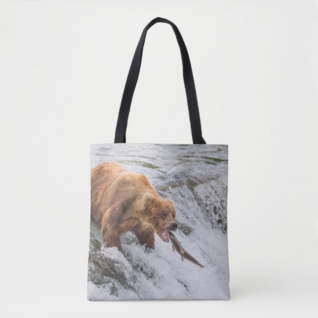 Bolsa Tote Urso Pardo Pega Salmão Vermelho (Frente)