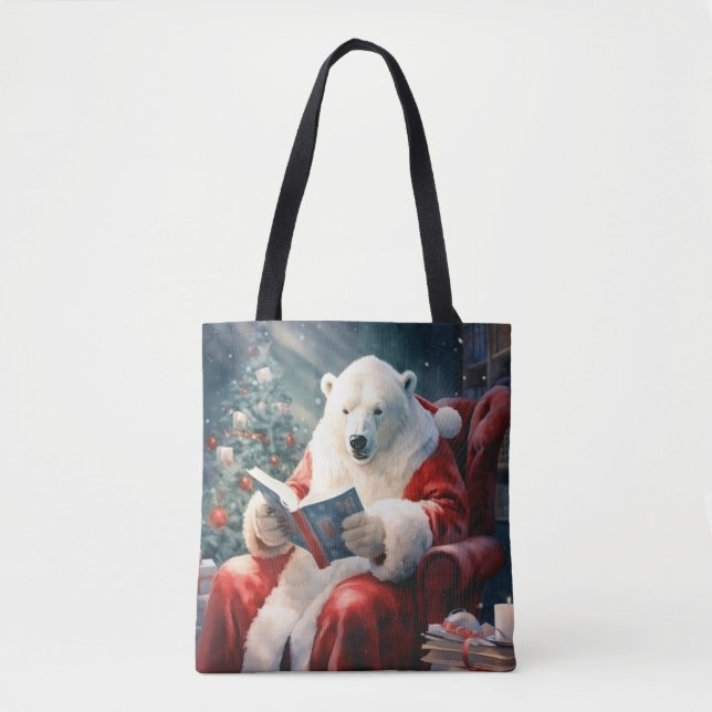Bolsa Tote Urso Polar de Natal lendo (Frente)