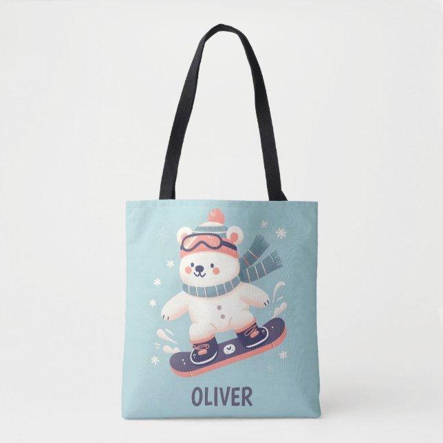 Bolsa Tote Urso Polar Fofo em Snowboard Personalizado (Frente)