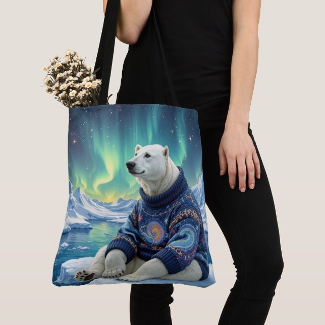 Bolsa Tote Urso Polar Sentado Sob Luzes do Norte (Close Up)