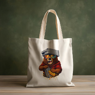 Bolsa Tote Urso Retro Com Chapéu Espeto de Queijo e Óculos de