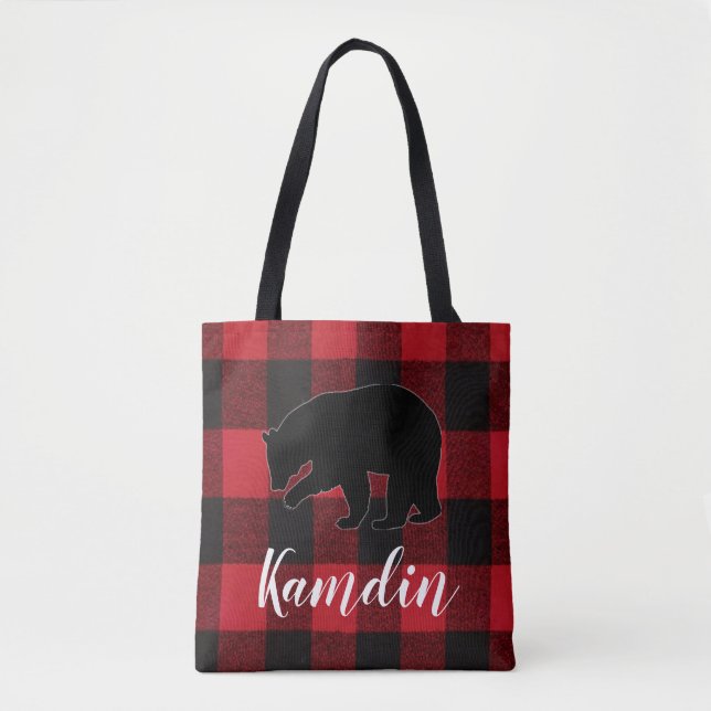 Bolsa Tote Urso Xadrez Vermelho de Buffalo Personalizado (Frente)