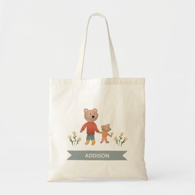 Bolsa Tote Ursos bonitos com flores e bebês (Frente)