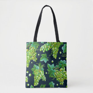 Bolsa Tote Uva verde aquosa, folhas sobre fundo escuro.