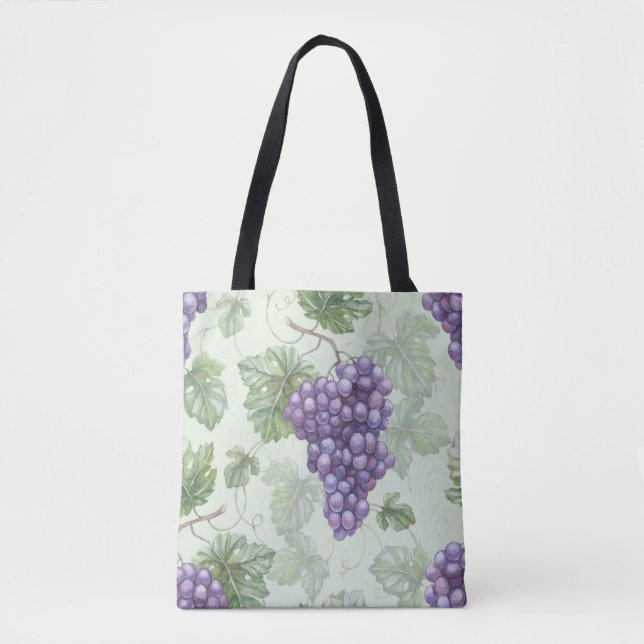 Bolsa Tote Uvas Aquarela, Padrão Sem Fruta. (Frente)