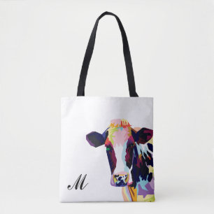 Bolsa Tote Vaca Colorida De Arte Pop, Monogramada