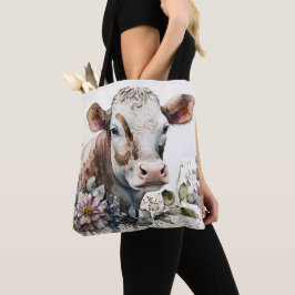 Bolsa Tote Vaca De Aquarela Em Flores Selvagens