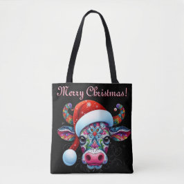Bolsa Tote Vaca de Natal Bull Santa Hat Sazonal Mexicana