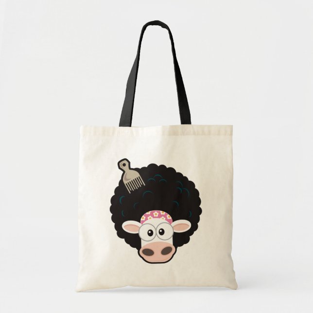 Bolsa Tote Vaca engraçada com um Afro e pente no rosa (Frente)