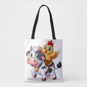 Bolsa Tote vaca/galinha de desenho animado