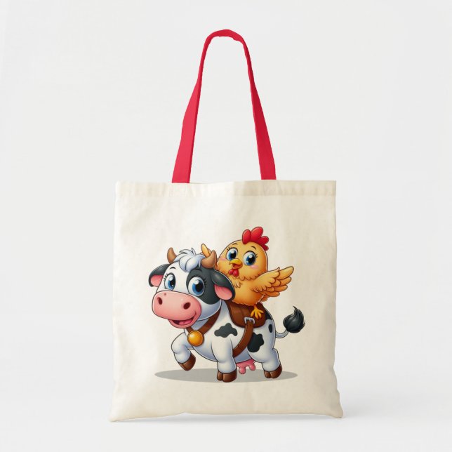 Bolsa Tote vaca/galinha de desenho animado (Frente)