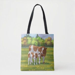 Bolsa Tote Vaca Guernsey e vitelo bonitinho na pastagem de Ve