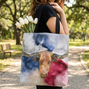 Bolsa Tote Vaca Longhorn com Texas Flag Map Watercolor
