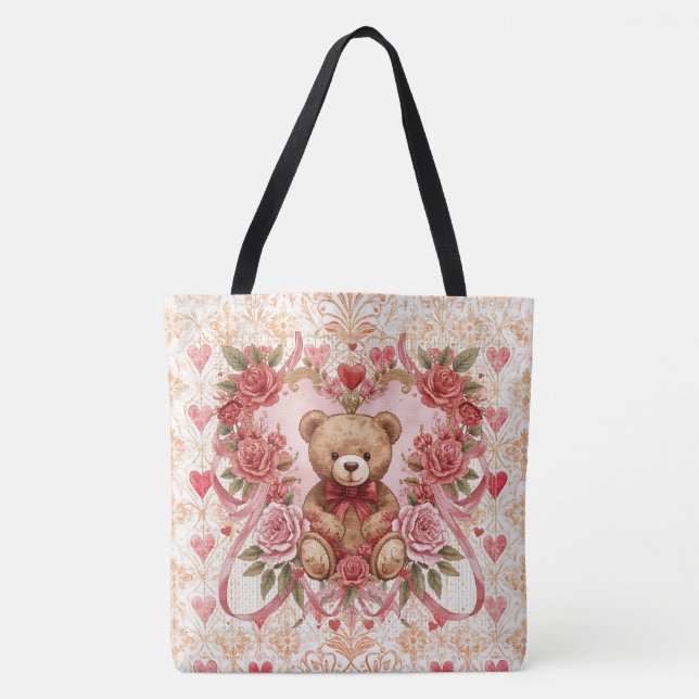 Bolsa Tote Valentine's ,Teddy Bear,Pink Love Heart and Flower (Frente)