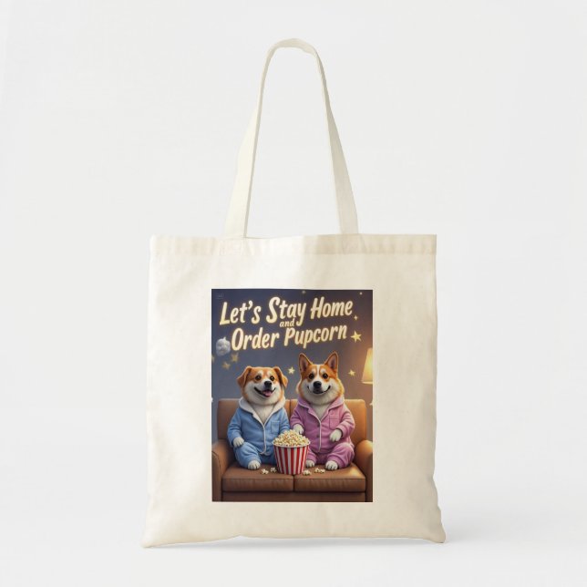Bolsa Tote Vamos ficar em casa e pedir cães de animação da Pu (Frente)