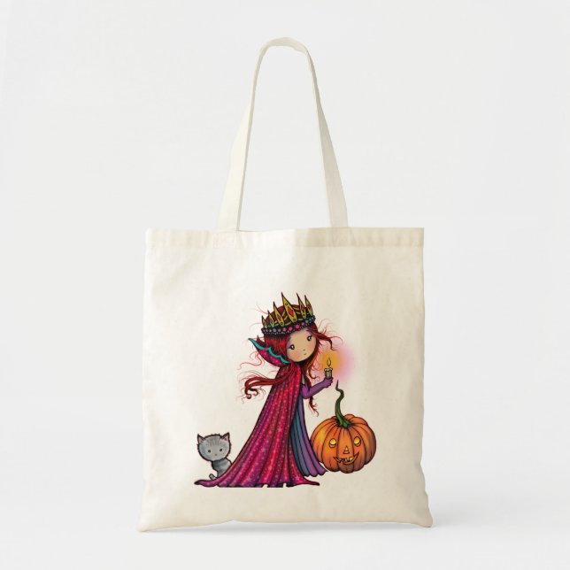 Bolsa Tote Vampiro de Halloween com Gato e Abóbora (Frente)